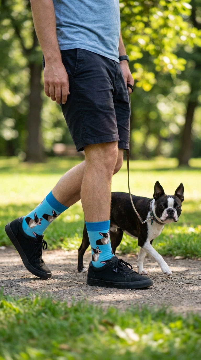 Person walking a boston terrier in a park wearing socks with boston terrier design.