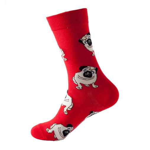 Red sock featuring a pug dog (French bulldog) pattern