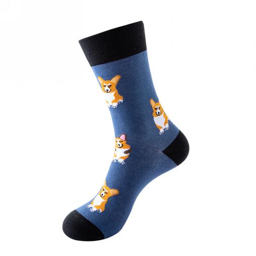 Blue and black sock with corgi dog pattern.