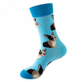 Blue sock with Boston terrier pattern on a white background