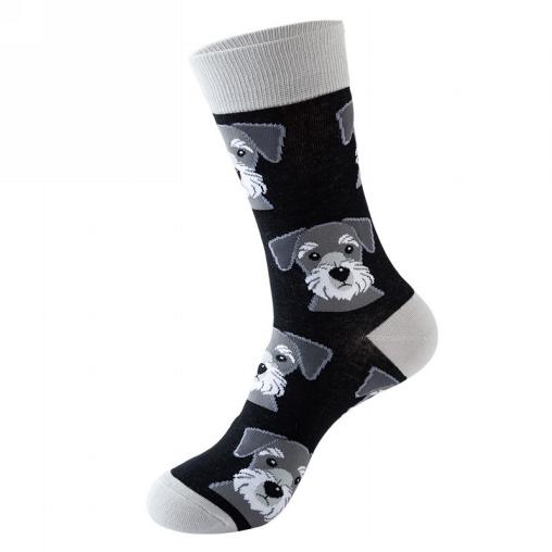 Black socks with a terrier dog pattern on a white background