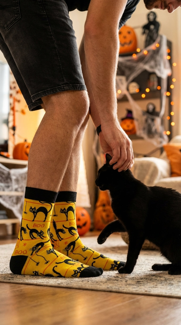 Person wearing yellow socks with black cat designs, standing next to a black cat in a Halloween-themed room.