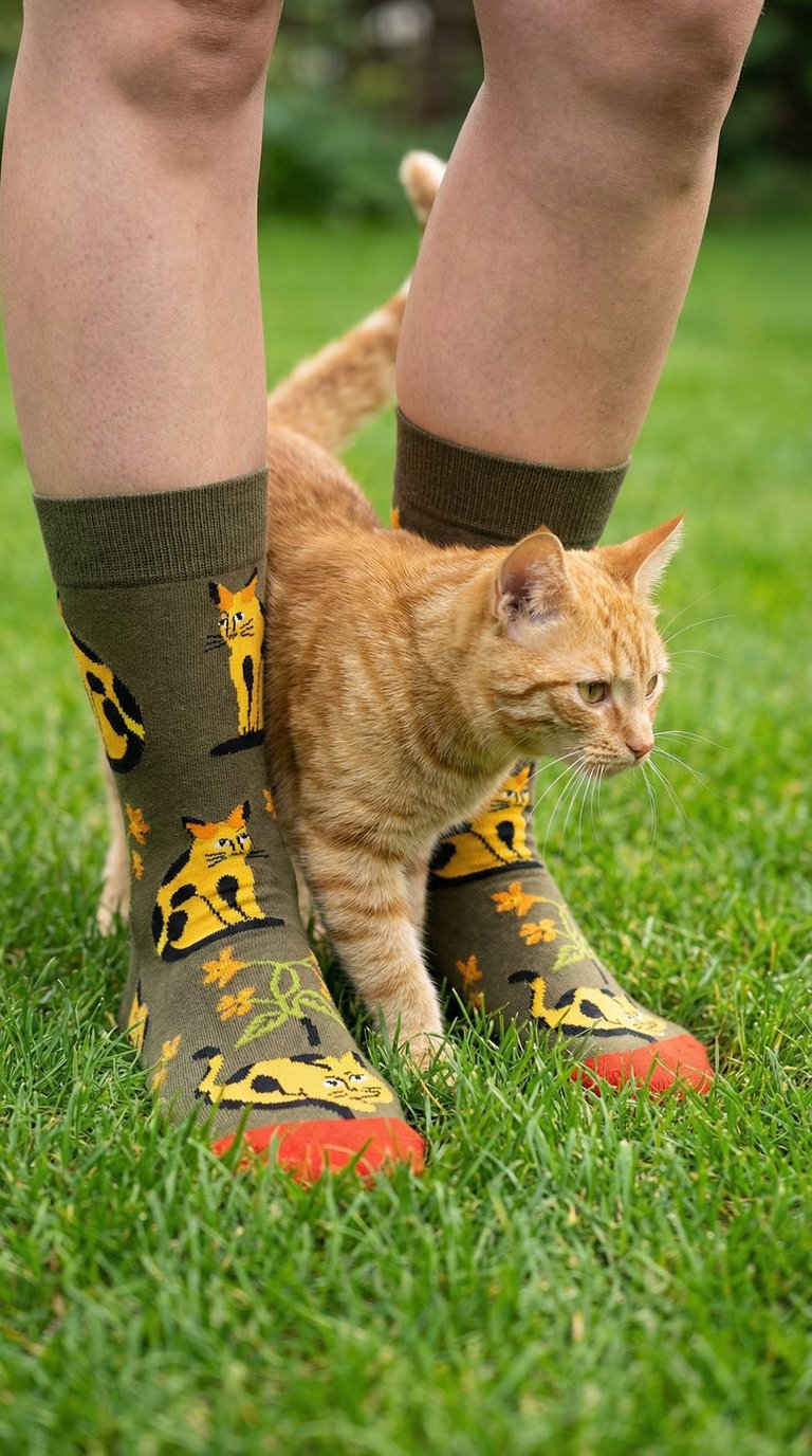 Person wearing socks with cat designs standing on grass with a cat nearby