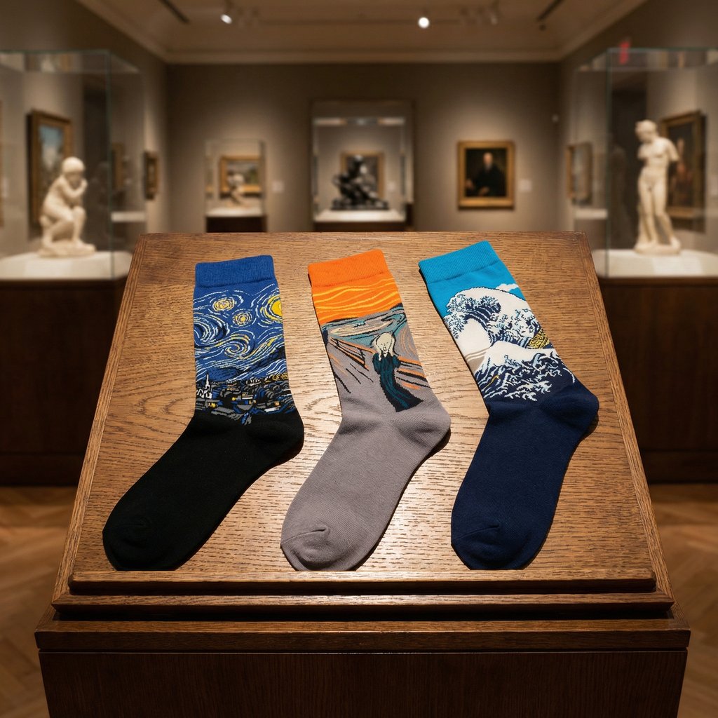 Three pairs of socks with great ar inspired designs on a wooden table in an art gallery setting.