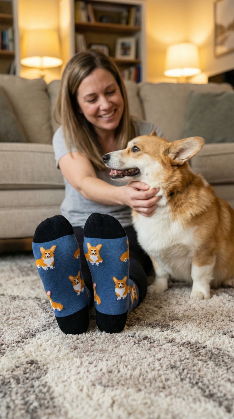 Woman sitting on the floor with a corgi dog, wearing blue socks with corgi dog pattern, in a cozy living room.
