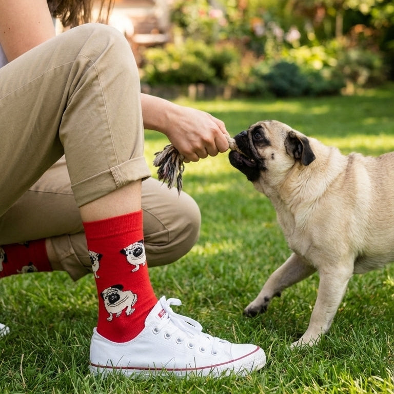 Woman in a garden with a pug, wearing red socks with pug pattern.