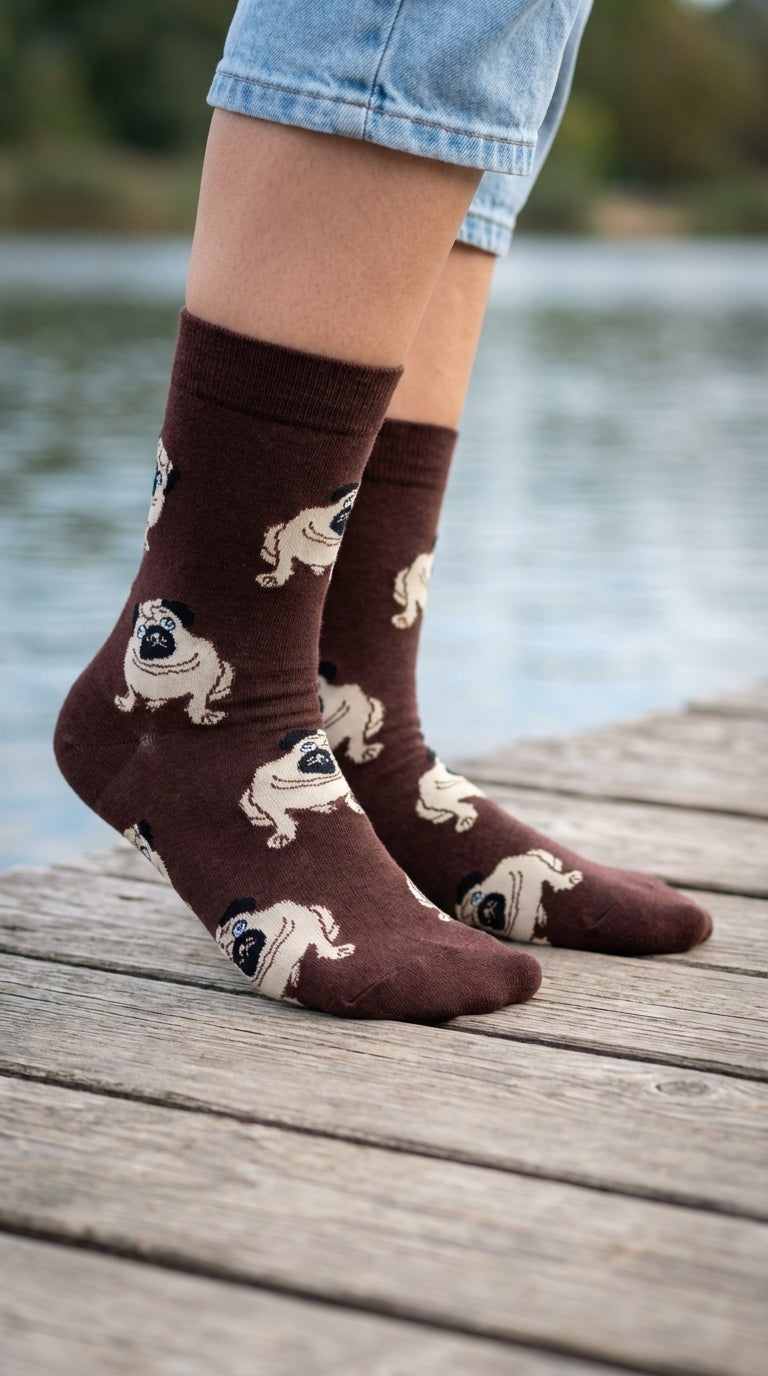 Brown socks with pug designs worn by a person on a wooden dock by a lake