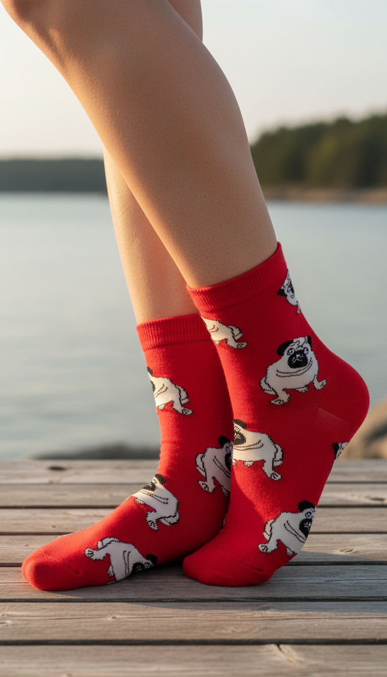 Red socks with french bulldog (Pug) patterns worn by a person standing on a wooden dock by a body of water.