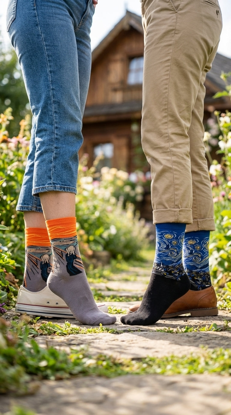 Two people wearing colorful socks in a garden