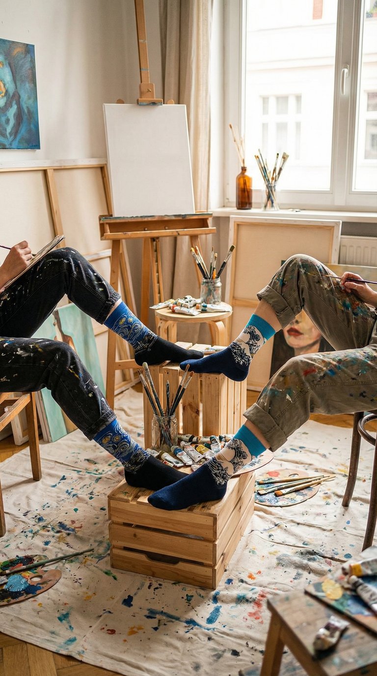 Two people sitting in an artist's studio with paint supplies wearing art socks.