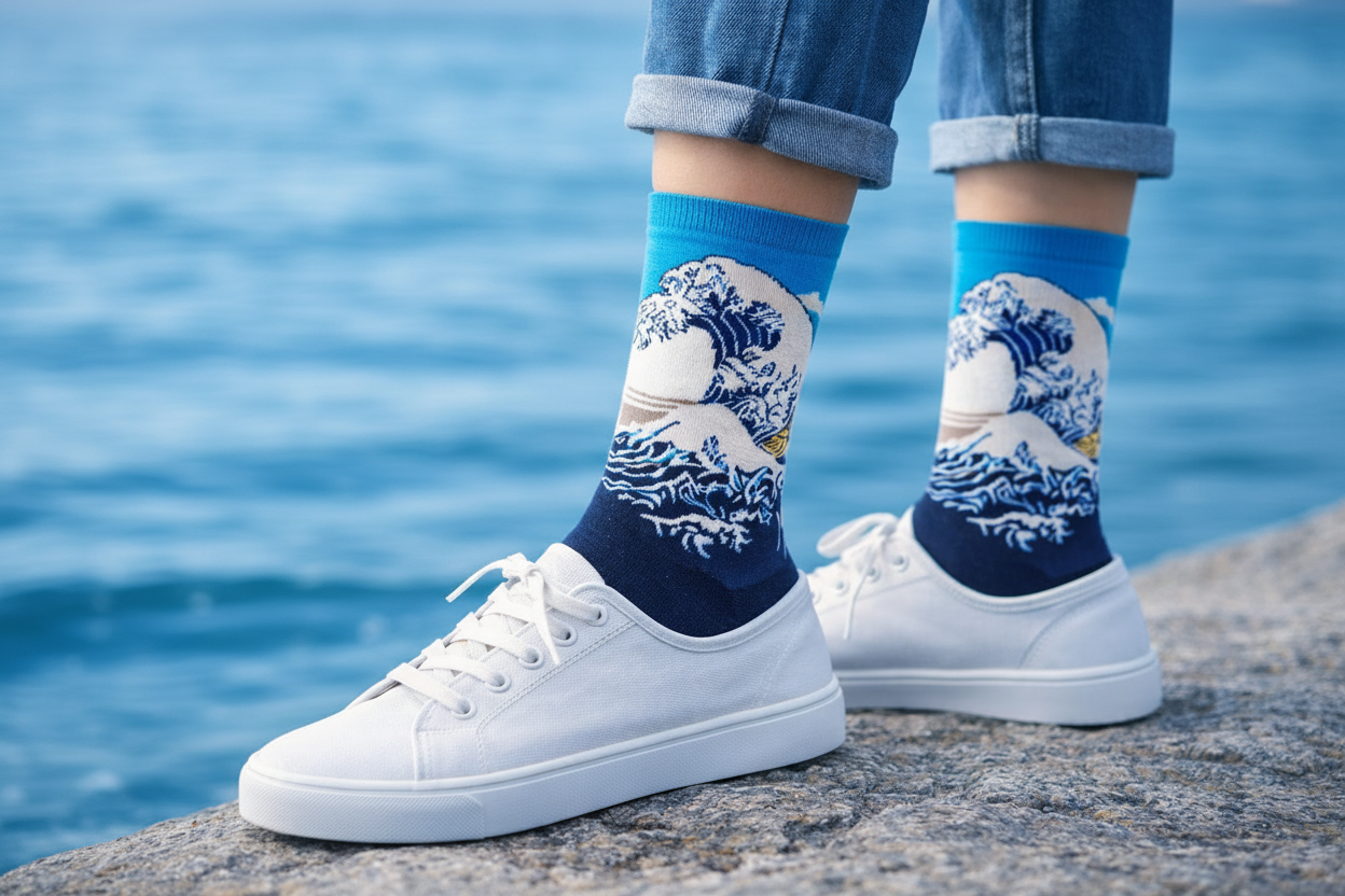 Person wearing blue socks with wave design standing on a rock by water