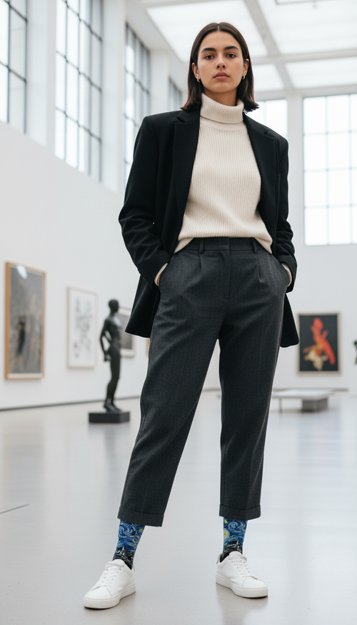 Woman in a stylish outfit standing in an art gallery wearing "Starry Sky" desgin socks.