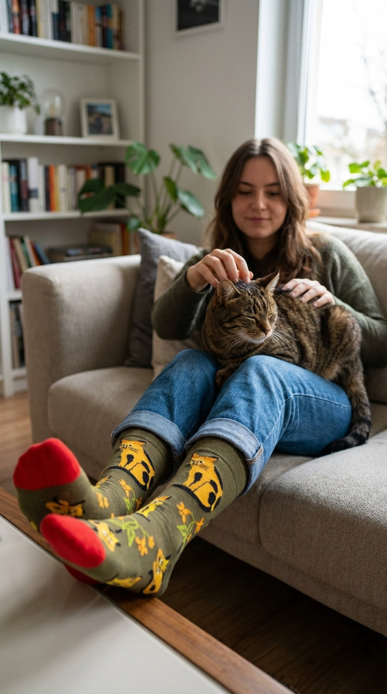 Woman sitting on a couch with a cat, wearing socks with cat design, in a cozy living room.