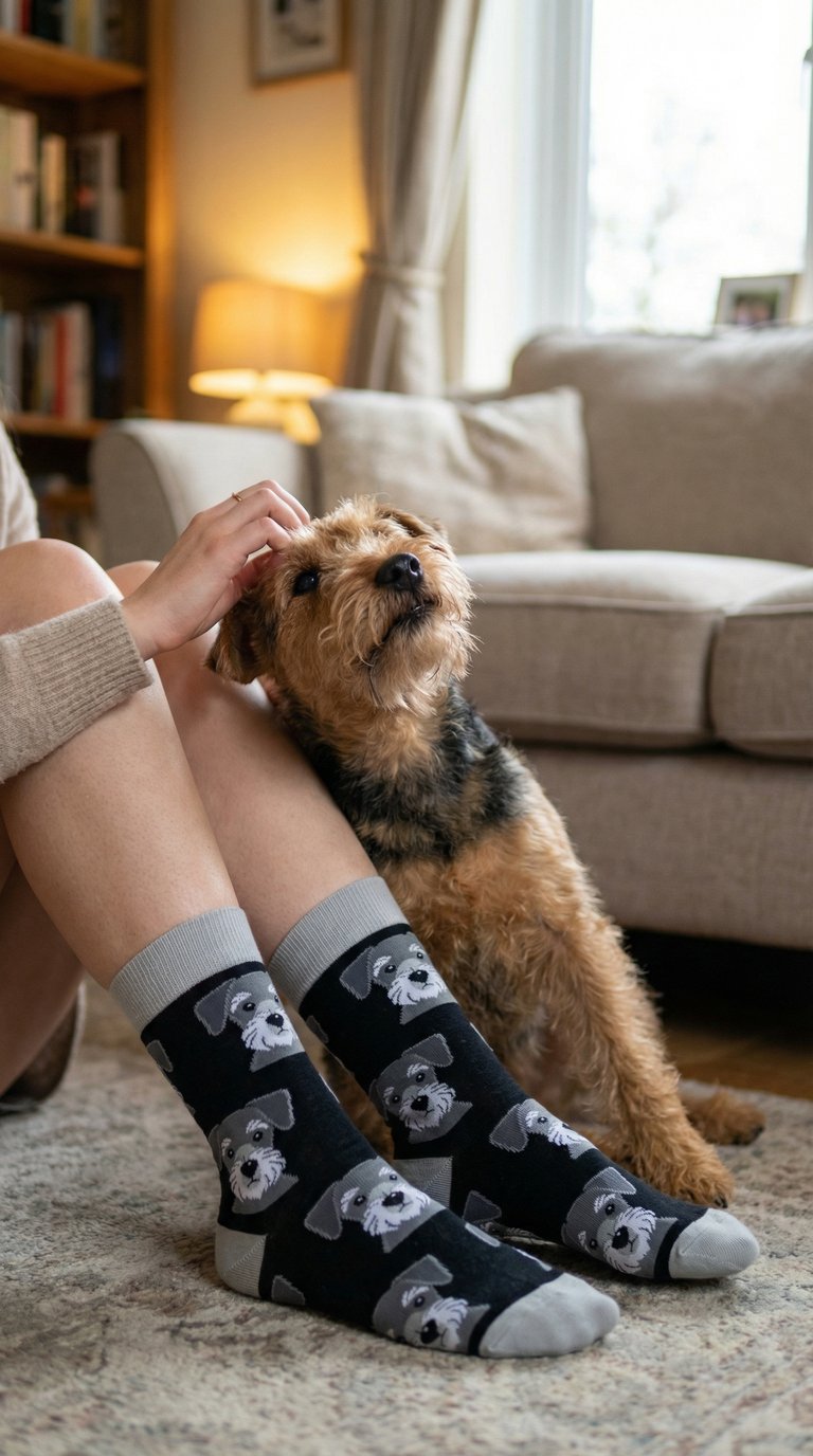 Woman wearing socks with a terrier dog pattern sitting on the floor with a dog in a cozy living room.