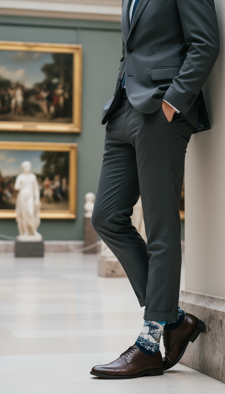 Person wearing a suit with socks inspired by the famous Great wawe off Kanagawa woodblock in an art gallery setting